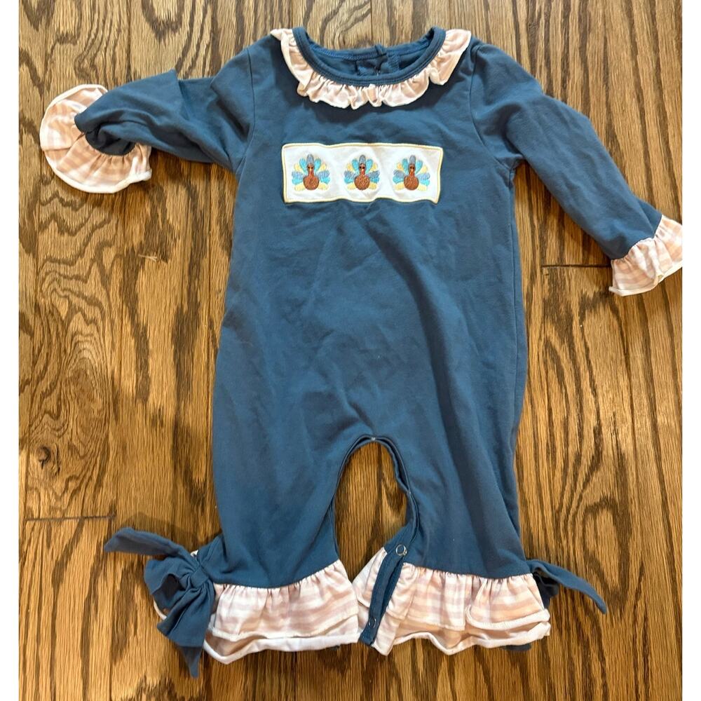 Girls 12-18M Thanksgiving Turkey Romper Ruffle Collar Blue Smocked EUC